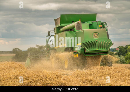 Großbritannien Landwirtschaft, ein John Deere Hillmaster Mähdrescher arbeiten auf einem Weizen, August 2018 Stockfoto