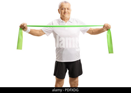 Reifer Mann mit einem Gummiband auf weißem Hintergrund Stockfoto