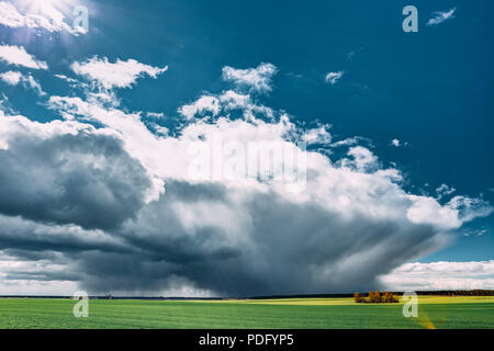 Kommenden Sturm und Regen über Landschaft ländliche Feld oder Wiese Landschaft mit grünen Gras unter Scenic Frühling Blau dramatische Himmel mit weißen flauschigen Wolke Stockfoto