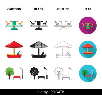Karussell, Sandkasten, Park, Dreirad. Spielplatz set Sammlung Icons im Cartoon, schwarz, Outline, flacher Stil vektor Symbol lieferbar Abbildung: Stock Vektor