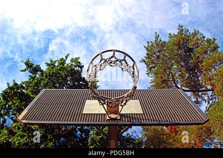 Basketball Korb in einem Park mit grossen Bäumen, gesehen von unten, blaue und weiße Himmel Stockfoto