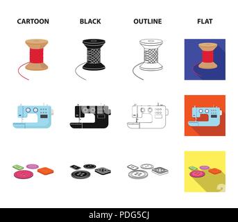 Thread reel, Nähmaschine, Bobbin, pugwitz und andere Geräte. Nähen und Geräte Sammlung Icons im Cartoon, schwarz, Outline, flacher Stil Vektor Stock Vektor