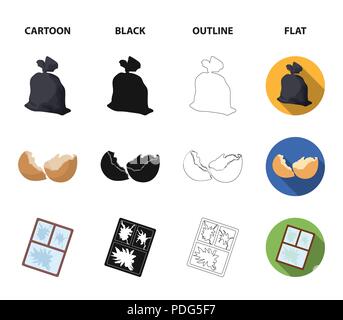 Einen Müllsack, eine zerbrochene Eierschale, einer zerrissenen schmutziges T-Shirt, ein kaputtes Fenster Rahmen mit Glas. Müll und Abfall set Sammlung Icons im Cartoon, schwarz, outl Stock Vektor