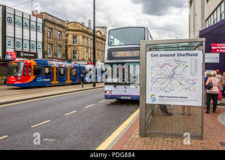 Bus, Bushaltestelle, Busse und Straßenbahnen „Get Around Sheffield“ City Centre Transport, Großbritannien Stockfoto