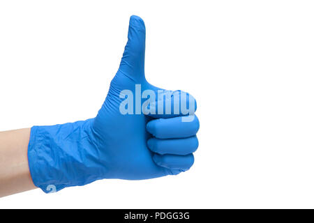 Wie zeichen Symbol aus blauem medizinische Handschuhe. Hand Finger auf Symbol. Daumen nach oben Geste. Auf weissem Hintergrund Stockfoto