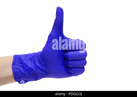 Wie zeichen Symbol aus Lila medizinische Handschuhe. Hand Finger auf Symbol. Daumen nach oben Geste. Auf weissem Hintergrund Stockfoto