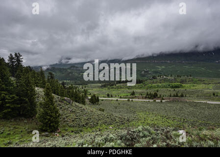 Niedrige Wolken schweben über grüne Tal in Wyoming Wüste Stockfoto