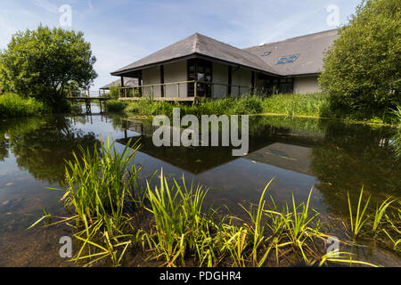 Lough Neagh Discovery Centre - lakeside Gebäude umgeben von Bäumen und Schilf neben Lough Neagh, Oxford Island, N. Irland. Stockfoto