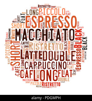 Index der Kaffeegetränke Worte cloud Collage, Plakat Hintergrund, Kaffee Konzept auf Kugel Form Stockfoto