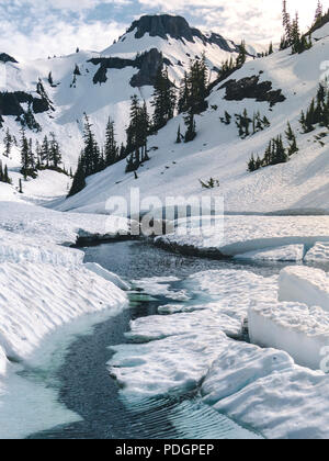 Epische Schneeschmelze Flusslandschaft in Mt Baker-Snoqualmie National Forest mit dem Tafelberg im Hintergrund Stockfoto