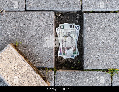 Polnischer Zloty Banknoten und Münzen im Rahmen einer losen Pflaster Ziegel gefunden. Konzept des Laufens aus persönlichen Ersparnissen Stockfoto