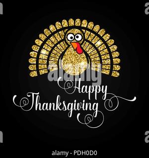 Happy Thanksgiving Day Grußkarte. Typografie Poster mit goldenen Türkei Silhouette und Text. Vector Illustration. Stock Vektor