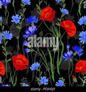 Nahtlose Hintergrund mit Wildblumen. Vektor. Blau Rot Grün auf schwarzem Muster. Stock Vektor
