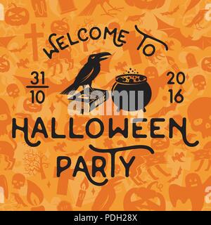 Zu Halloween Party begrüßen. Vektor Halloween retro Abzeichen. Konzept für Shirt, Logo, Print, Stempel, Siegel oder Patch. Crow, Magic und Topf. Halloween de Stock Vektor