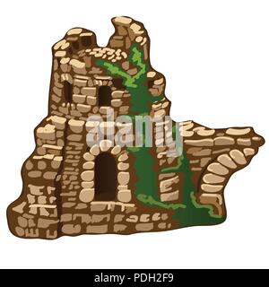 Die verlassenen Ruinen einer alten Haus aus Stein oder Festung auf weißem Hintergrund. Die Überreste der mittelalterlichen Architektur. Vector Illustration. Stock Vektor