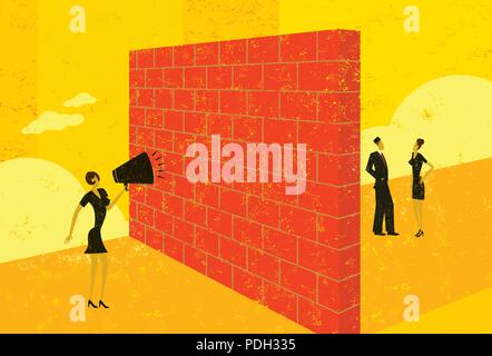 An eine Wand. Eine Geschäftsfrau schreien an eine Mauer, die ein Hindernis für ihre Fähigkeit, potenzielle Kunden zu erreichen. Stock Vektor