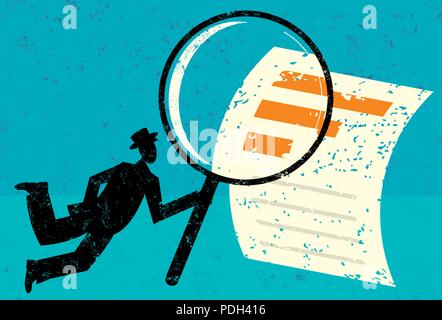 Prüfung der finanziellen Daten. Ein Mann durch ein Vergrößerungsglas zu einem finanziellen Dokument über einen abstrakten Hintergrund. Stock Vektor