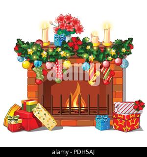 Weihnachten Skizze mit dem Kamin und Dekorationen, Glaskugeln und Flitter. Skizze für Grußkarten, festliche Poster, Einladungen. Die Attribute von Weihnachten und das neue Jahr. Vector Illustration. Stock Vektor