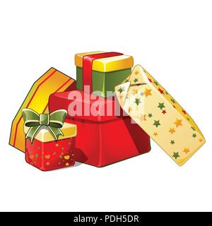 Haufen Geschenkboxen mit Schleife, bunt verpackt Papier, auf weißem Hintergrund. Skizze für Grußkarten, festliche Poster, Party Einladung. Attribute von Weihnachten und das neue Jahr. Vektor. Stock Vektor