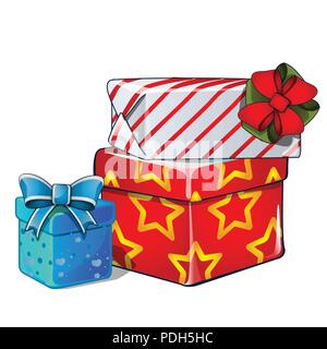Stapel von Geschenkboxen, blaue und rote Schleife, bunt verpackt Papier, isoliert auf Weiss. Skizze für Grußkarten, festliche Poster, Party Einladung. Attribute von Weihnachten und das neue Jahr. Vektor Stock Vektor