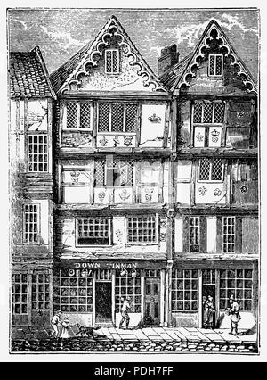 Während der Regierungszeit von Königin Elizabeth I., der französische Botschafter, M Beaumont, in Butcher Row residierte, im Wahlkreis und Pappel Limehouse in London, England. Das Fachwerkhaus, fundamental Tudor House aus kleinen Zimmer trug das Datum 1581. Stockfoto