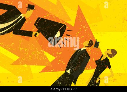 Laute und klare Botschaft. Ein Geschäftsmann Kommunikation laut und deutlich durch ein Megaphon. Stock Vektor