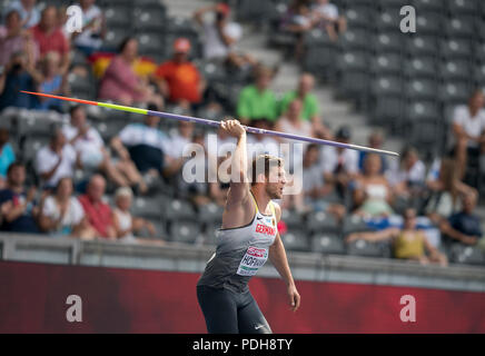 Berlin, Deutschland. 08 Aug, 2018. Andreas Hofmann, Deutschland, Aktion. Qualifikation Speerwurf der Männer, die am 08.08.2018 der Europäischen Leichtathletik WM 2018 in Berlin/Deutschland vom 06.08. - 12.08.2018. | Verwendung der weltweiten Kredit: dpa/Alamy leben Nachrichten Stockfoto