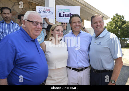 Massapequa, New York, USA. 5 Aug, 2018. L-R, NY Senator John Brooks; LIUBA GRECHEN SHIRLEY, Kongreßanwärter für NY 2. Bezirk; Gouverneur Andrew Cuomo. Und David GUGERY, der Demokratischen Kommissar von Nassau County Brett von Wahlen; beim Öffnen der gemeinsame Kampagne für die 2 langen islander Kandidaten darstellen, mit dem Ziel, für eine Demokratische Blue Wave im November midterm Wahlen. Quelle: Ann Parry/ZUMA Draht/Alamy leben Nachrichten Stockfoto