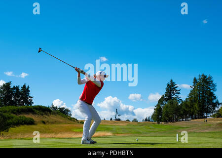 Gleneagles, Schottland, Großbritannien; 9. August, 2018. Tag Zwei der Em-Wettbewerb 2018 in Gleneagles. Männer und Frauen Mannschaft Meisterschaften Round Robin - 2. Runde. Vier Ball Match Play Format. Astrid Vayson de Pradenne von Frankreich T-Stücke auf dem 18. Stockfoto