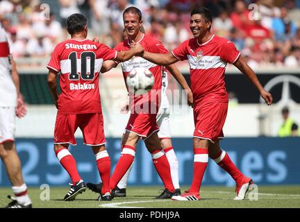 Stuttgart, Deutschland. 05 Aug, 2018. firo: 05.08.2018 Fußball, Saison 2018/2019, 1. Bundesliga: VfB Stuttgart - Atletico Madrid, Freundschaftsspiel, Krassimir Balakov, Fredi Bobic und Giovane Elber, vollständige Abbildung, Mimik, Jubel, Freude, Lachen, Freude, Das magische Dreieck, | Nutzung der weltweiten Kredit: dpa/Alamy leben Nachrichten Stockfoto