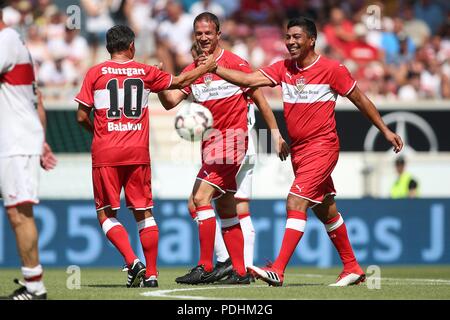 Stuttgart, Deutschland. 05 Aug, 2018. firo: 05.08.2018 Fußball, Saison 2018/2019, 1. Bundesliga: VfB Stuttgart - Atletico Madrid, Freundschaftsspiel, Krassimir Balakov, Fredi Bobic und Giovane Elber, vollständige Abbildung, Mimik, Jubel, Freude, Lachen, Freude, Das magische Dreieck, | Nutzung der weltweiten Kredit: dpa/Alamy leben Nachrichten Stockfoto