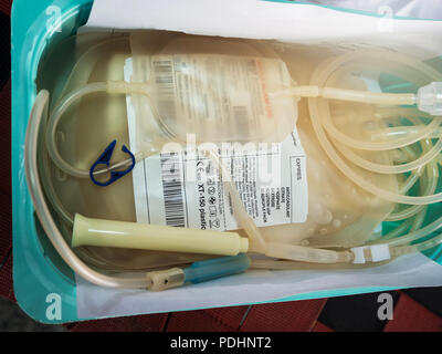 Leere Blutbeutel in Korb. Neue medizinische leere Blutbeutel. Stockfoto