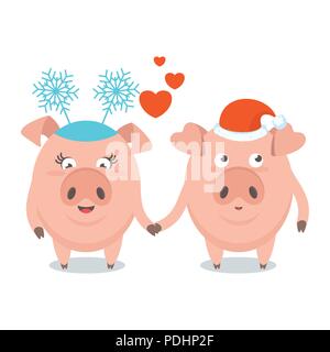 Lustig fröhlichen Schwein in Santa Claus hat und Katze im Hut mit Schneeflocke Stock Vektor