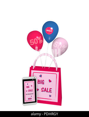 Rosa Einkaufstasche mit Luftballons und ein Handy mit Verkauf 50% Werbung. 3D-Rendering Stockfoto