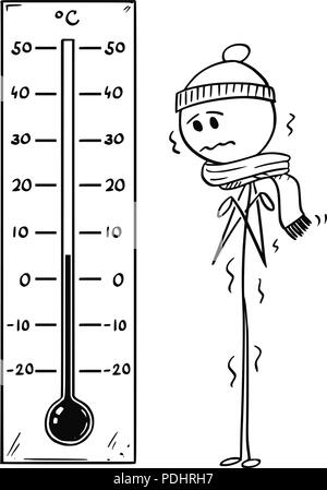 Cartoon von gekühlten Mann, am grossen Celsius Thermometer, niedrige Temperatur Stock Vektor