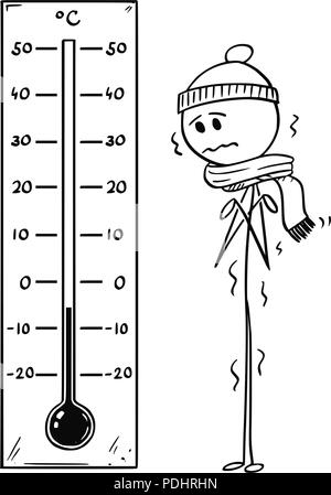 Cartoon von gekühlten Mann, am grossen Celsius Thermometer, niedrige Temperatur Stock Vektor