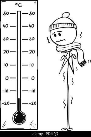 Cartoon von gekühlten Mann, am grossen Celsius Thermometer, niedrige Temperatur Stock Vektor