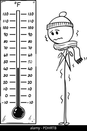 Cartoon von gekühlten Mann, am grossen Fahrenheit Thermometer, niedrige Temperatur Stock Vektor