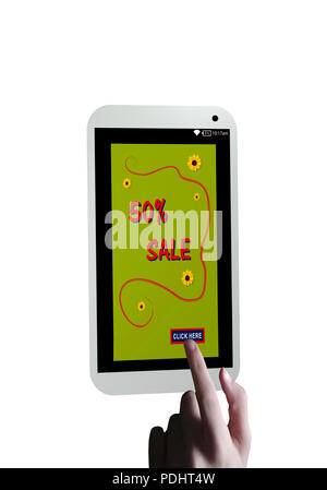 Mobiltelefon mit Ad 50% Verkauf und einen Finger Drücken auf eine Taste. 3D-Rendering Stockfoto