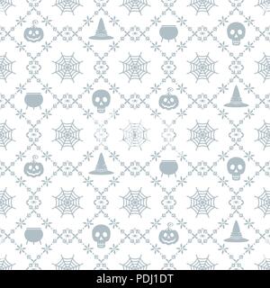 Vektor Halloween nahtlose Muster. Schwarze Symbole des Schädels, Spinne, Web, Kürbisse, Kessel. Designelemente für Halloween Party Poster. Flache cartoon krank Stock Vektor