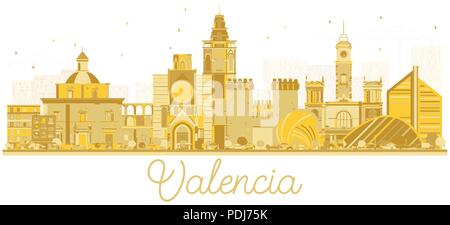 Valencia Spanien Skyline der Stadt Silhouette mit goldenen Gebäude. Vector Illustration. Business Travel und Tourismus Konzept mit historischer Architektur. Val Stock Vektor