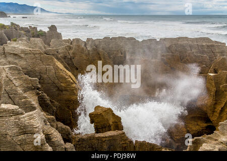 Blasloch an Pancake Rocks in Punakaiki am Rande der Paparoa Nationalpark auf der Südinsel von Neuseeland Stockfoto