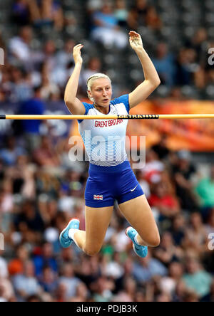 Die britische Holly Bradshaw tritt am dritten Tag der Leichtathletik-Europameisterschaften 2018 im Olympiastadion in Berlin beim Polsprung-Finale der Frauen an. DRÜCKEN SIE VERBANDSFOTO. Bilddatum: Donnerstag, 9. August 2018. Siehe PA Story ATHLETICS European. Bildnachweis sollte lauten: Martin Rickett/PA Wire. Stockfoto