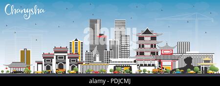 Changsha China City Skyline mit grauen Gebäuden und blauer Himmel. Vector Illustration. Business Travel und Tourismus Konzept mit moderner Architektur. Stock Vektor