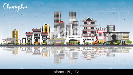 Changsha China City Skyline mit grauen Gebäude, blauer Himmel und Reflexionen. Vector Illustration. Stock Vektor