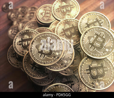 3D-Darstellung. Mehrere bitcoin Münzen zufällig Fliegen auf dem Tisch. Stockfoto