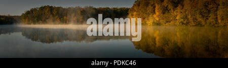 Panoramablick auf den See Woodhaven, Morgen, Nebel, Wald, Reflexionen Stockfoto