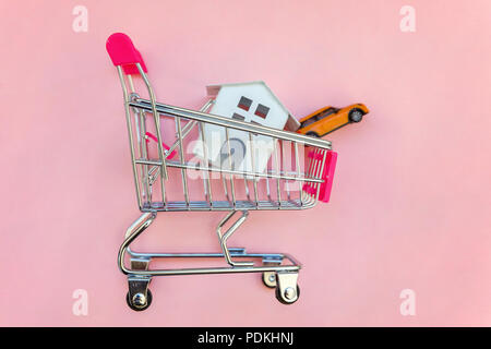 Kleiner Supermarkt Lebensmittelgeschäft Push Cart für Shopping Spielzeug Miniatur weiße Haus und Auto auf Rosa pastellfarbenen Papier flach Hintergrund legen. Hypothek Immobilie Ich Stockfoto