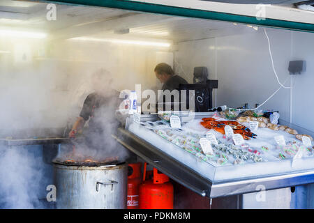 Abschaltdruck dampfenden Krabben und frischen Fisch und Meeresfrüchte in Littlehampton, einem kleinen Ferienort an der Südküste in West Sussex, UK im Sommer Stockfoto