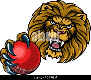 Lion Cricket Ball Sport Maskottchen Stock Vektor